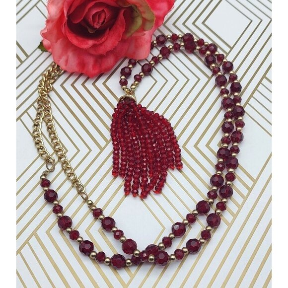 Long Red Glass Bead & Gold Tone Strand Tassel Pendant Necklace 38" Long - Picture 1 of 7